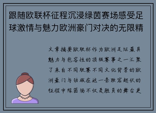 跟随欧联杯征程沉浸绿茵赛场感受足球激情与魅力欧洲豪门对决的无限精彩